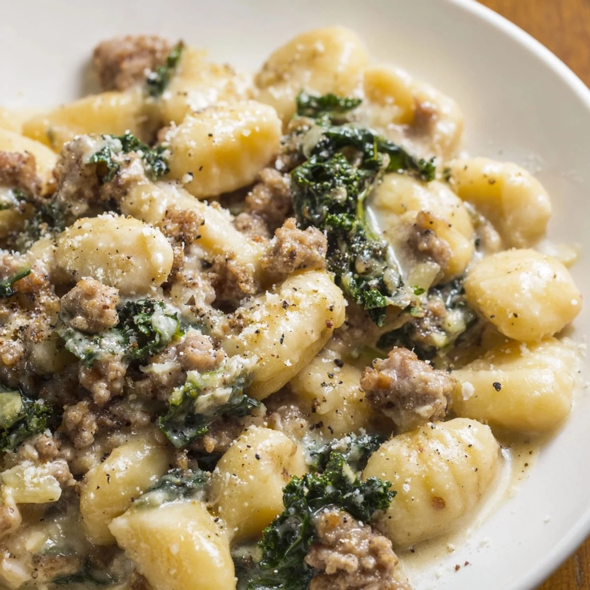 Close-up of Creamy Gnocchi with Turkey Sausage and Kale showing pillowy gnocchi in a savory, creamy sauce.
