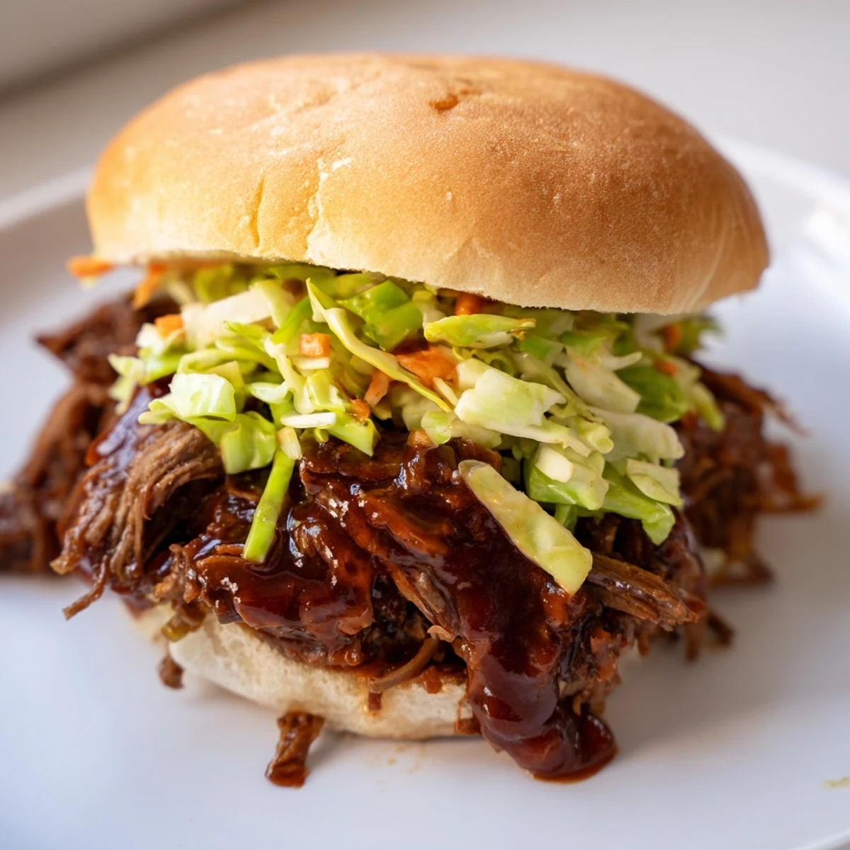 Juicy shredded Slow Cooker Pulled Beef Sandwiches piled high on a toasted bun with creamy slaw.