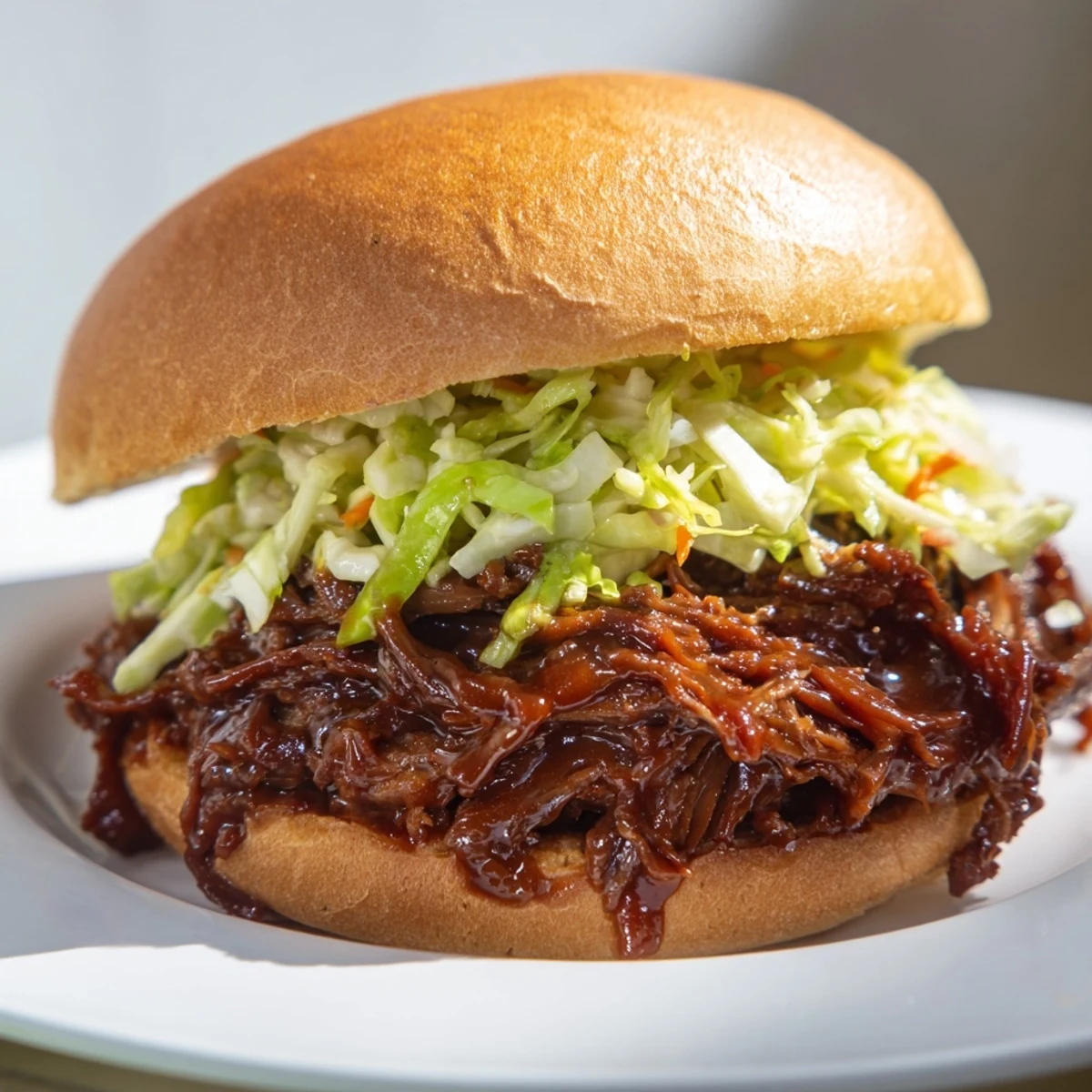Golden toasted buns loaded with smoky Slow Cooker Pulled Beef Sandwiches and a vibrant, crisp carrot slaw.