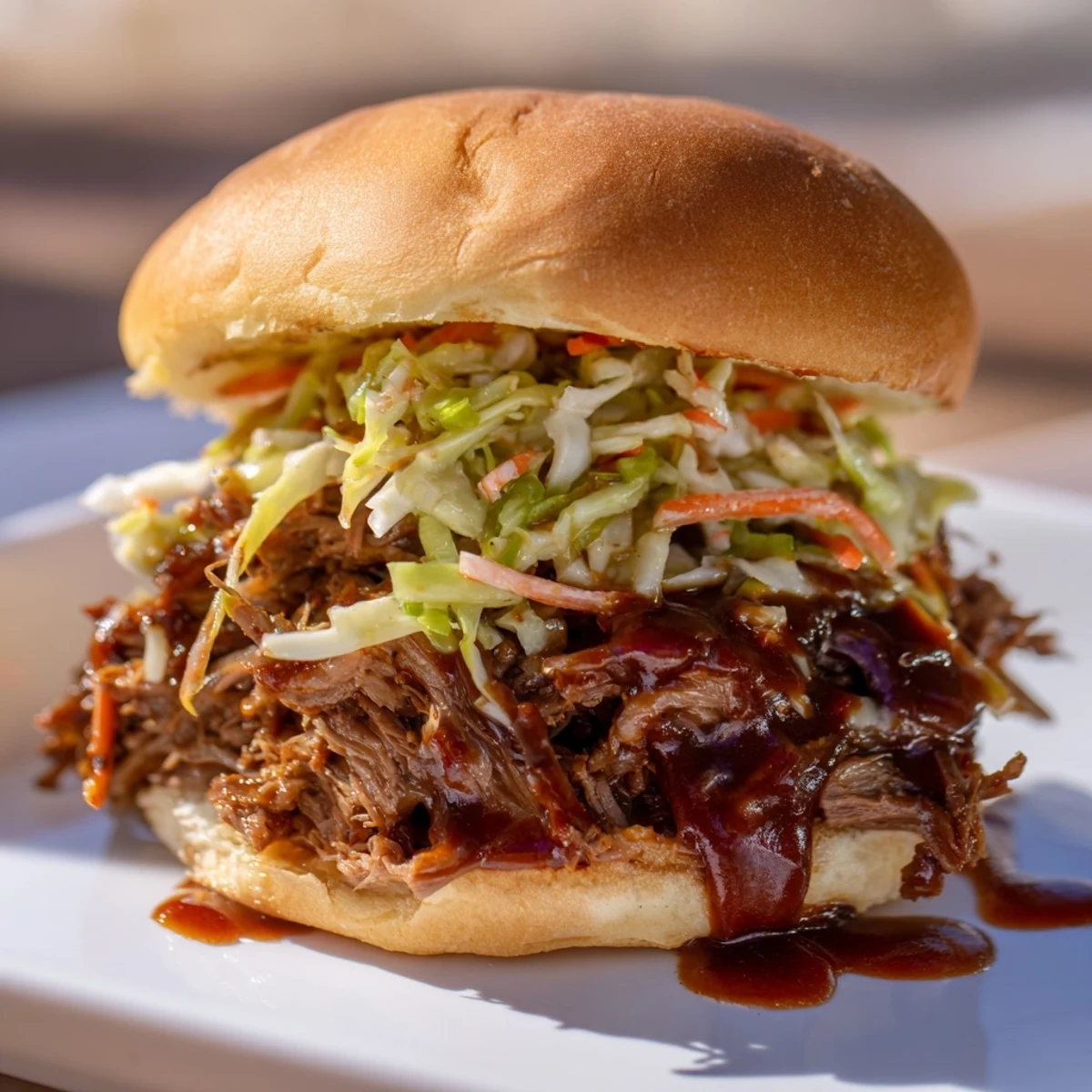 Tender, slow-cooked beef shredding easily inside a slow cooker pot surrounded by rich barbecue juices.