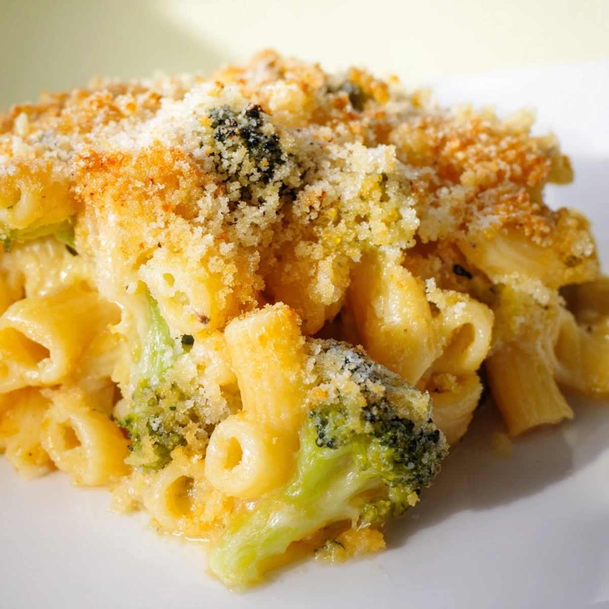 A serving spoon lifts a creamy scoop of Baked Macaroni and Cheese with Broccoli Florets, revealing tender green florets and cheddar sauce.