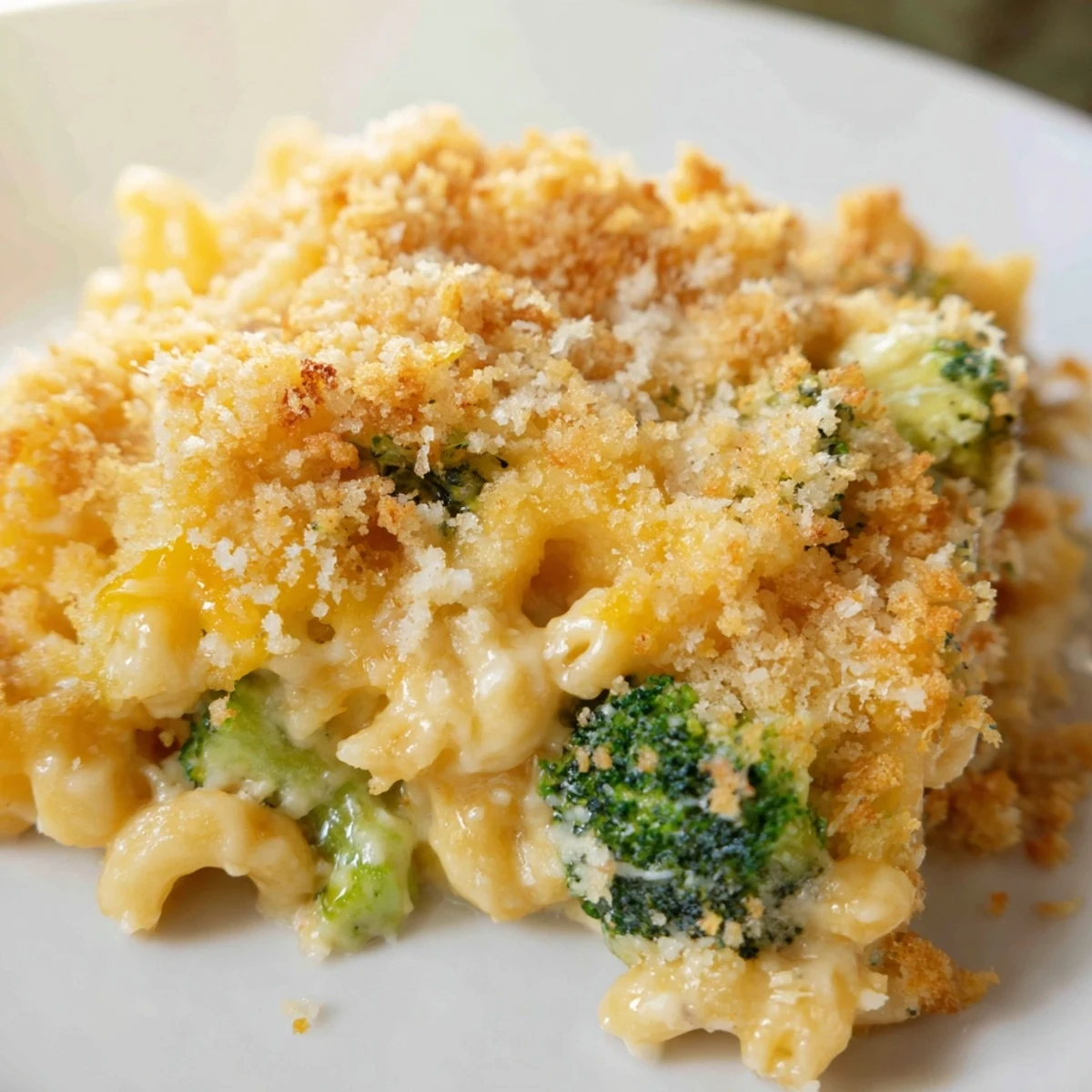 Golden-topped Baked Macaroni and Cheese with Broccoli Florets bubbles from a baking dish, steam rising from the crispy panko crust.