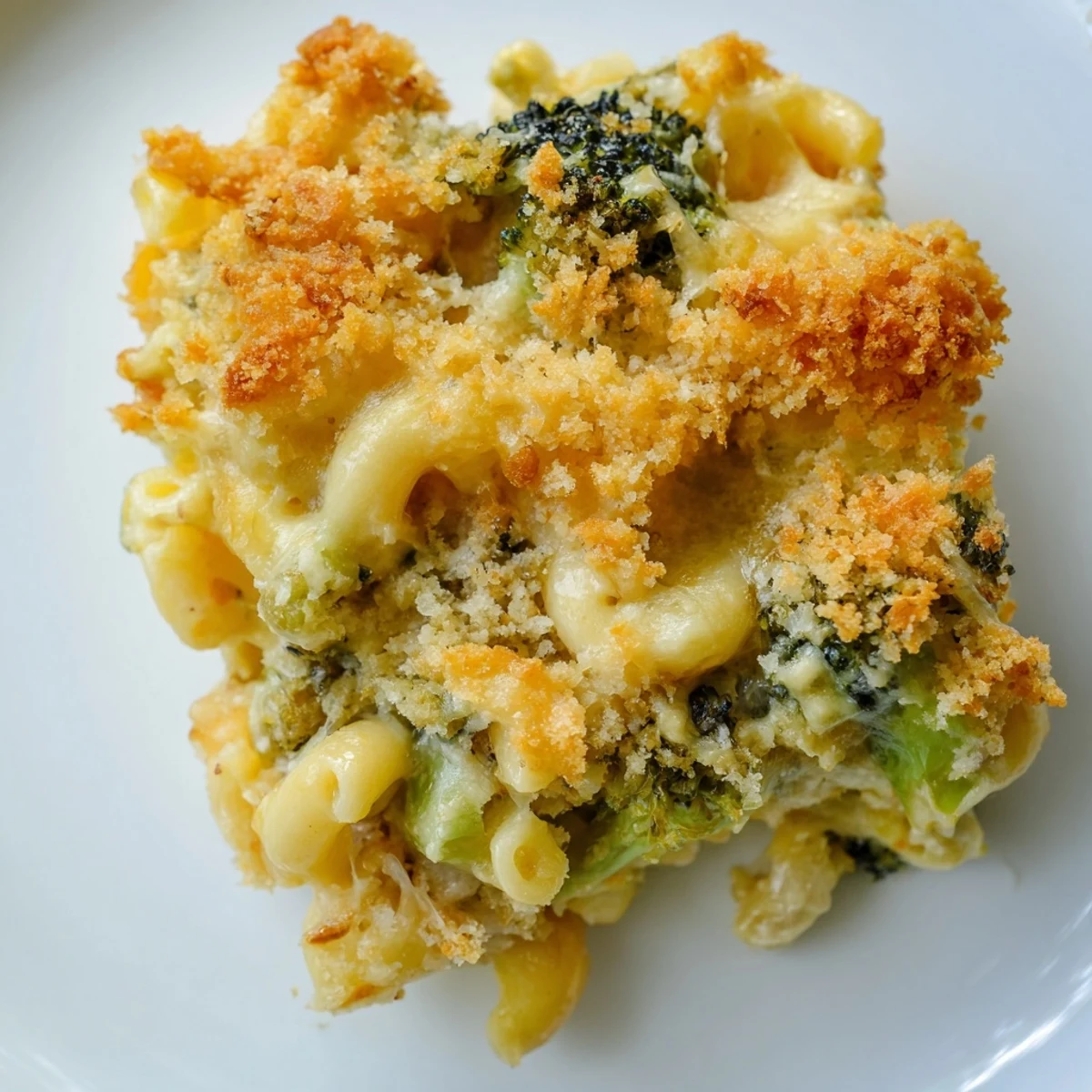 Close-up of Baked Macaroni and Cheese with Broccoli Florets on a rustic plate, showing melted Gruyère and a perfect golden crunch.