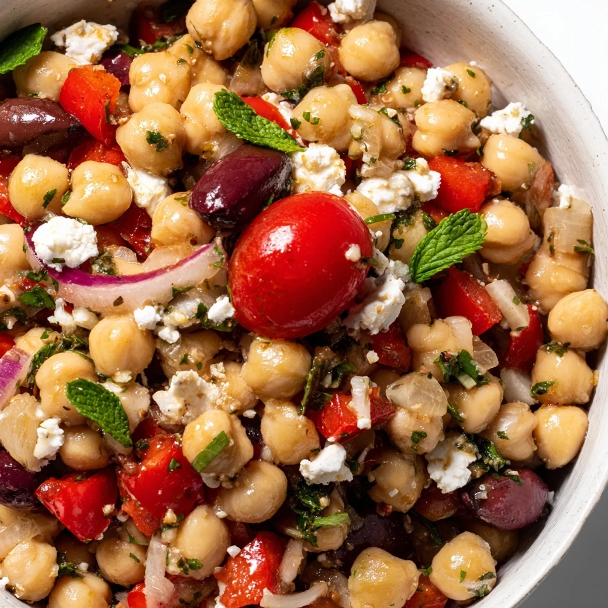 A close-up of the Mediterranean Chickpea Salad with Lemon Vinaigrette, featuring vibrant red tomatoes and green cucumbers in a rustic ceramic bowl.