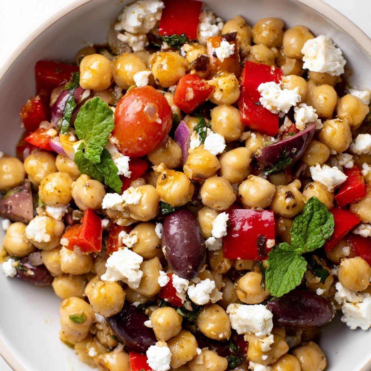Overhead view of a bowl of Mediterranean Chickpea Salad with Lemon Vinaigrette, showing colorful diced vegetables and fresh herbs ready to serve.