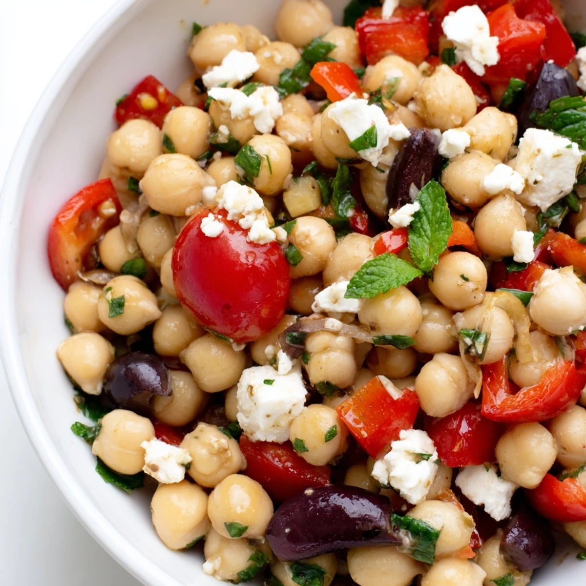 Fresh Mediterranean Chickpea Salad with Lemon Vinaigrette tossed with chickpeas, Kalamata olives, and crumbled feta cheese on a wooden cutting board.