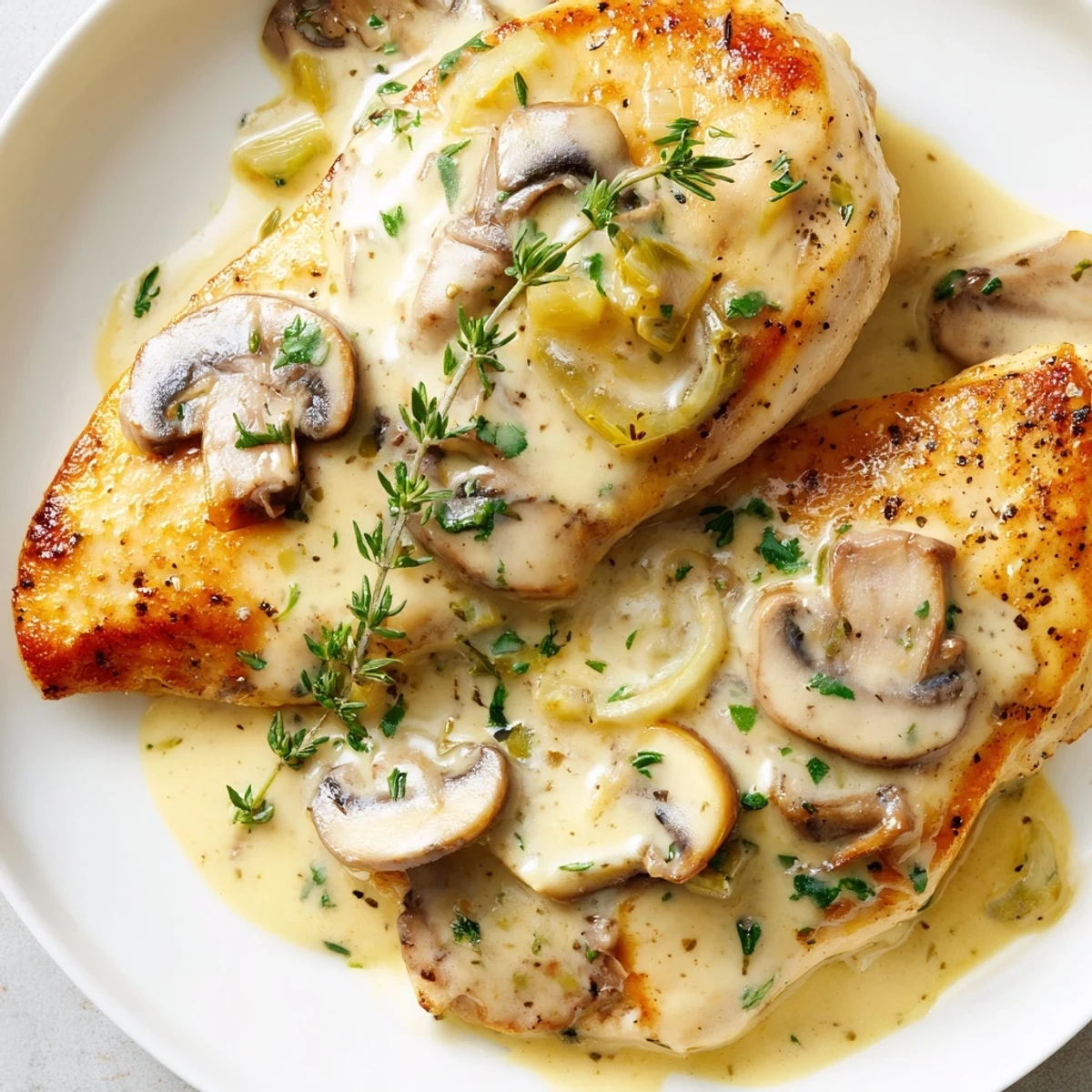 Juicy, golden-browned chicken breasts are generously coated in a rich, creamy garlic sauce with tender sautéed cremini mushrooms in this comforting Chicken Mushroom Skillet.
