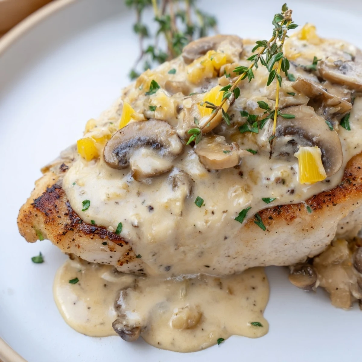Sizzling chicken and earthy mushrooms simmer together in a luscious, velvety sauce inside a cast-iron pan for this flavorful Chicken Mushroom Skillet.