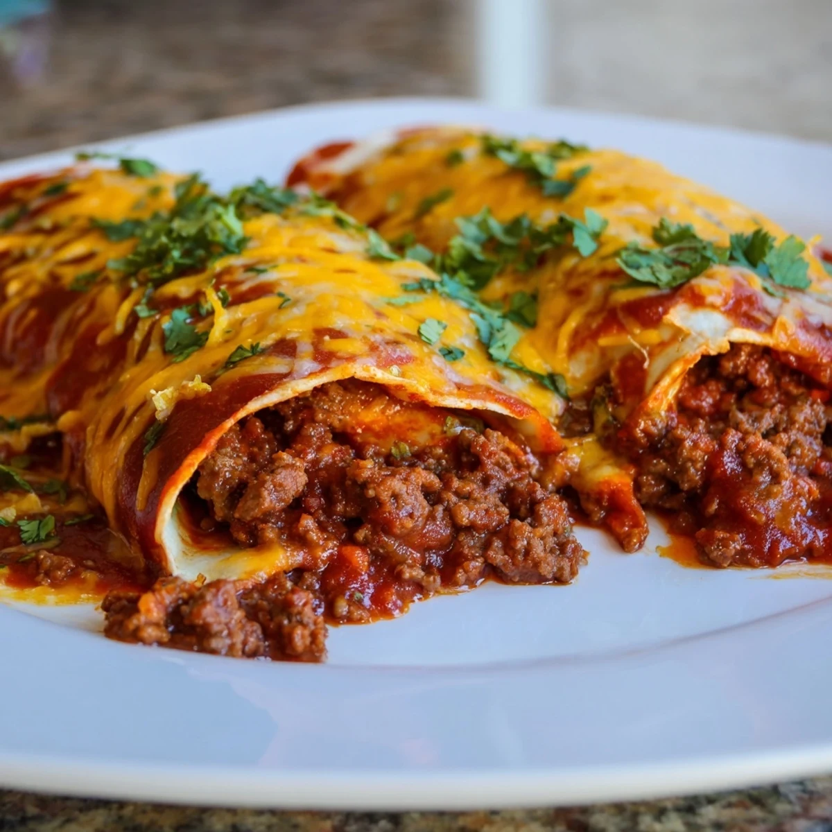 Golden brown Beef Enchiladas with red sauce and melted cheese from a casserole dish, served hot.