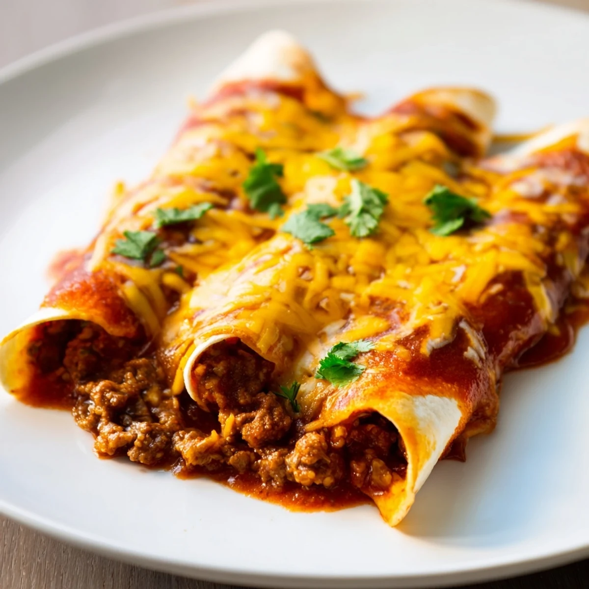 Freshly baked Beef Enchiladas with red sauce, melted cheese, and cilantro garnish on a rustic table.