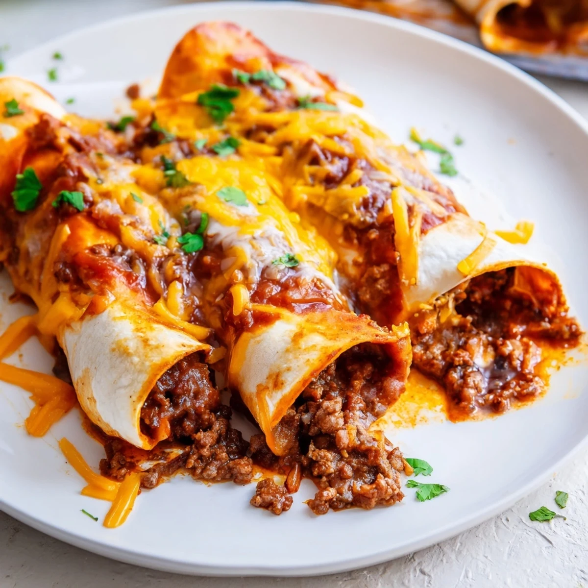 Tender beef filling inside soft tortillas smothered in homemade red enchilada sauce, topped with cilantro.