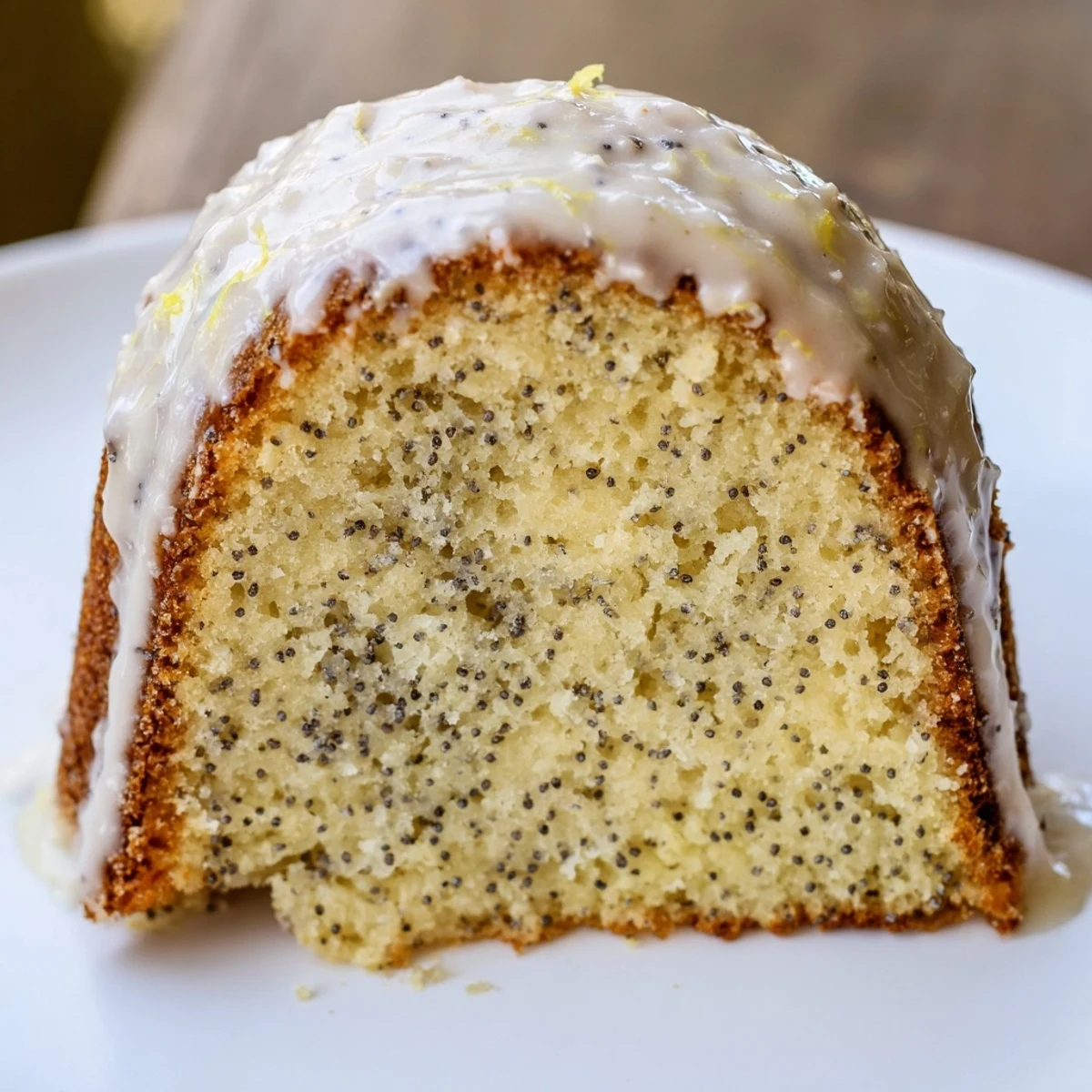 A glazed Lemon Poppy Seed Bundt Cake slice reveals tender crumb and poppy seeds beside a pot of lemon zest.