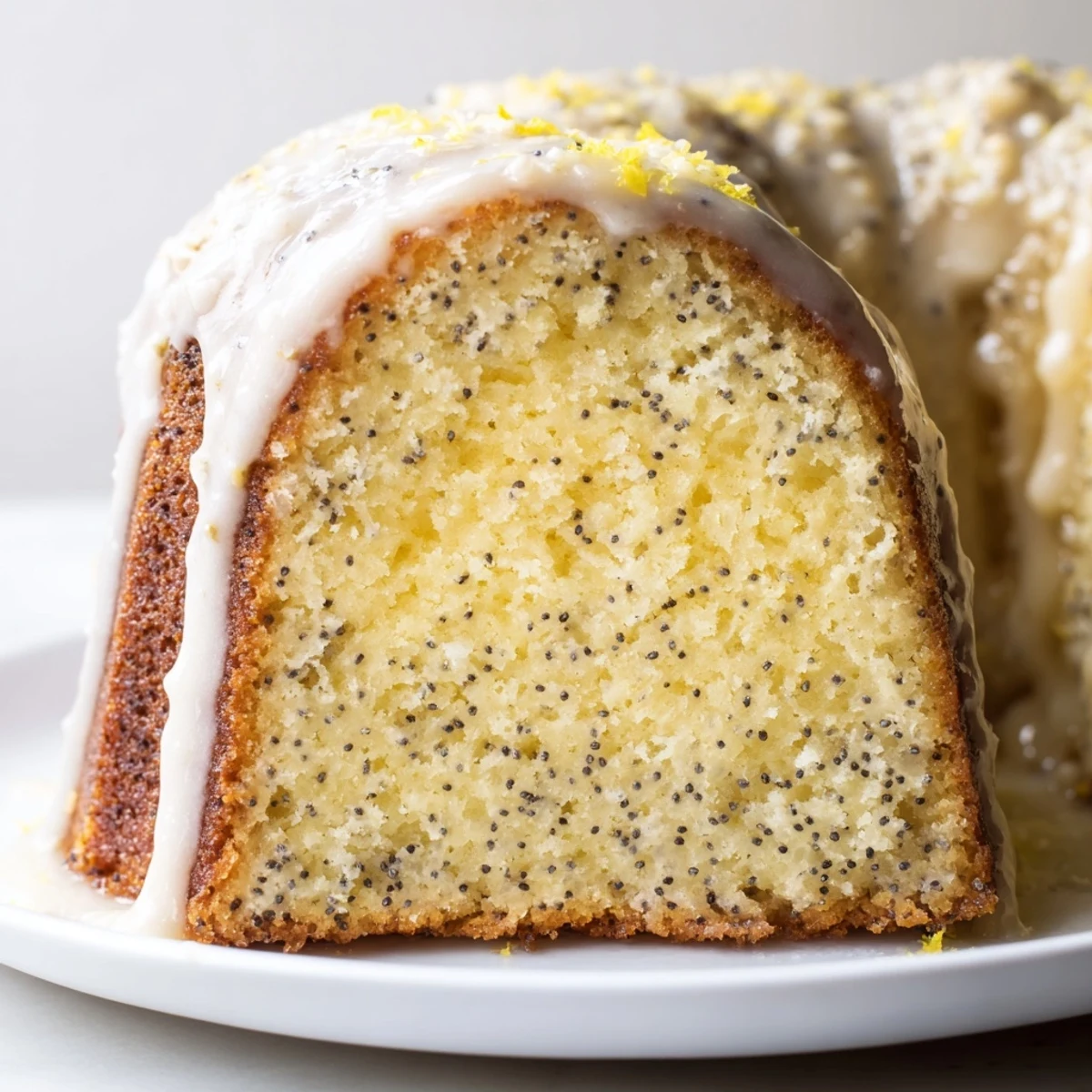 Freshly baked Lemon Poppy Seed Bundt Cake with a shiny lemon glaze drizzled over the top on a serving platter.