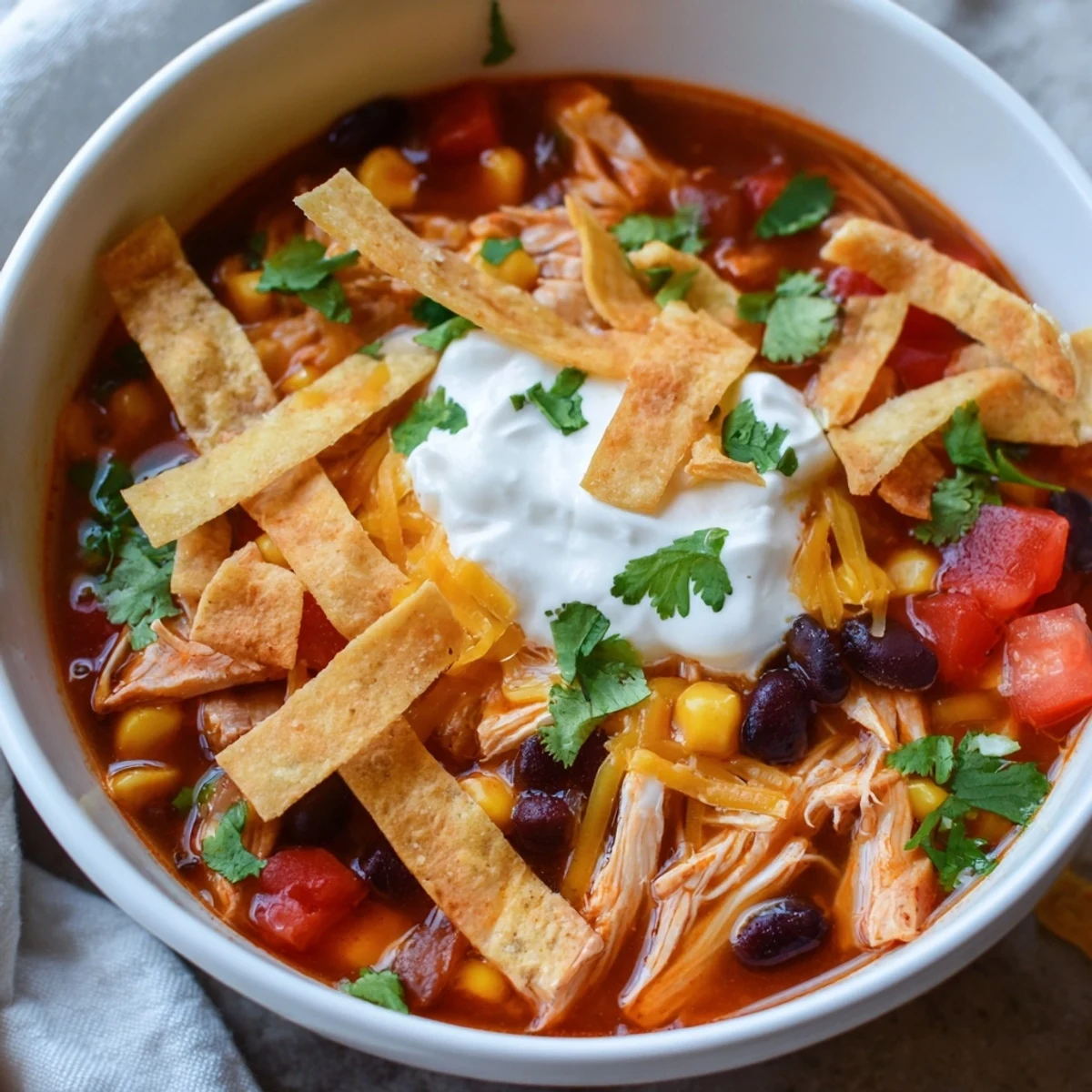 A close-up of Chicken Tortilla Soup with Crispy Tortilla Strips, featuring tender shredded chicken, black beans, corn, and fresh cilantro garnish.
