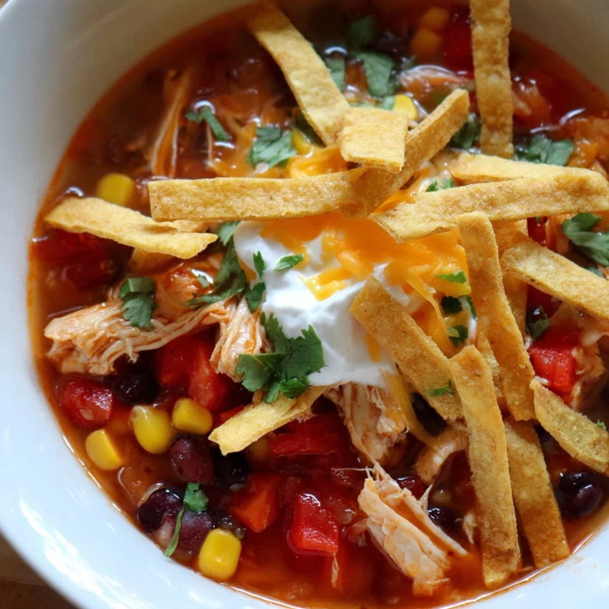 Two colorful bowls of Chicken Tortilla Soup with Crispy Tortilla Strips are topped with sliced avocado and a lime wedge on the side.