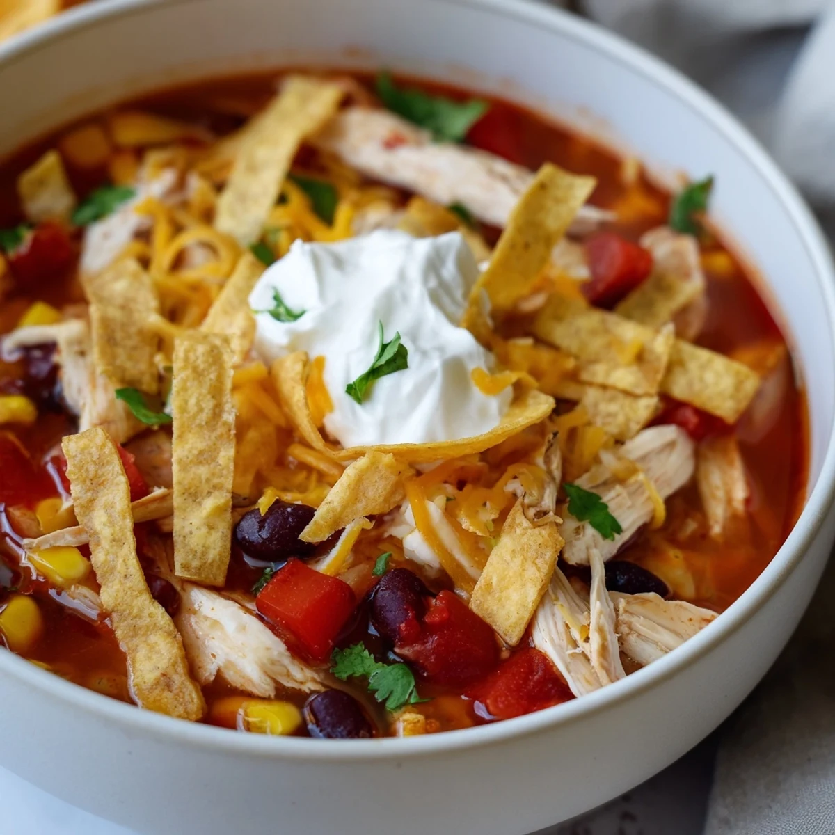 Steaming pot of Chicken Tortilla Soup with Crispy Tortilla Strips, simmering with tomatoes, peppers, and spices in a rustic kitchen setting.