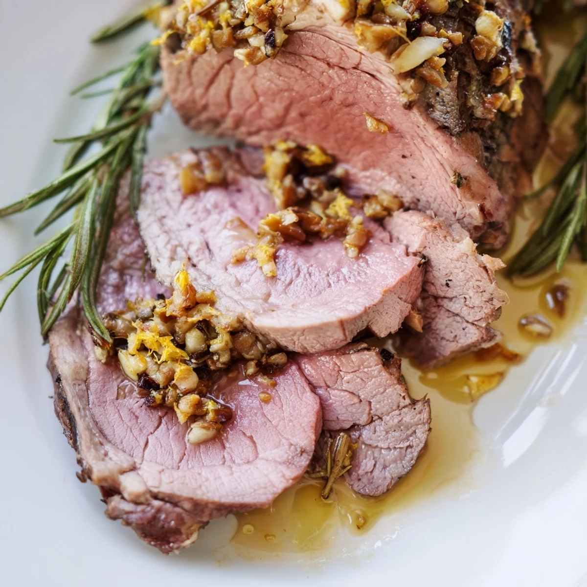 Golden slices of Roasted Leg of Lamb with Anchovy and Rosemary fanned out on a white platter with fresh rosemary sprigs.
