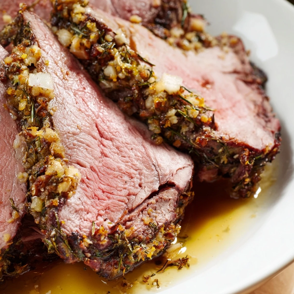 Carved portions of Roasted Leg of Lamb with Anchovy and Rosemary glistening with pan juices, served with a glass of red wine.