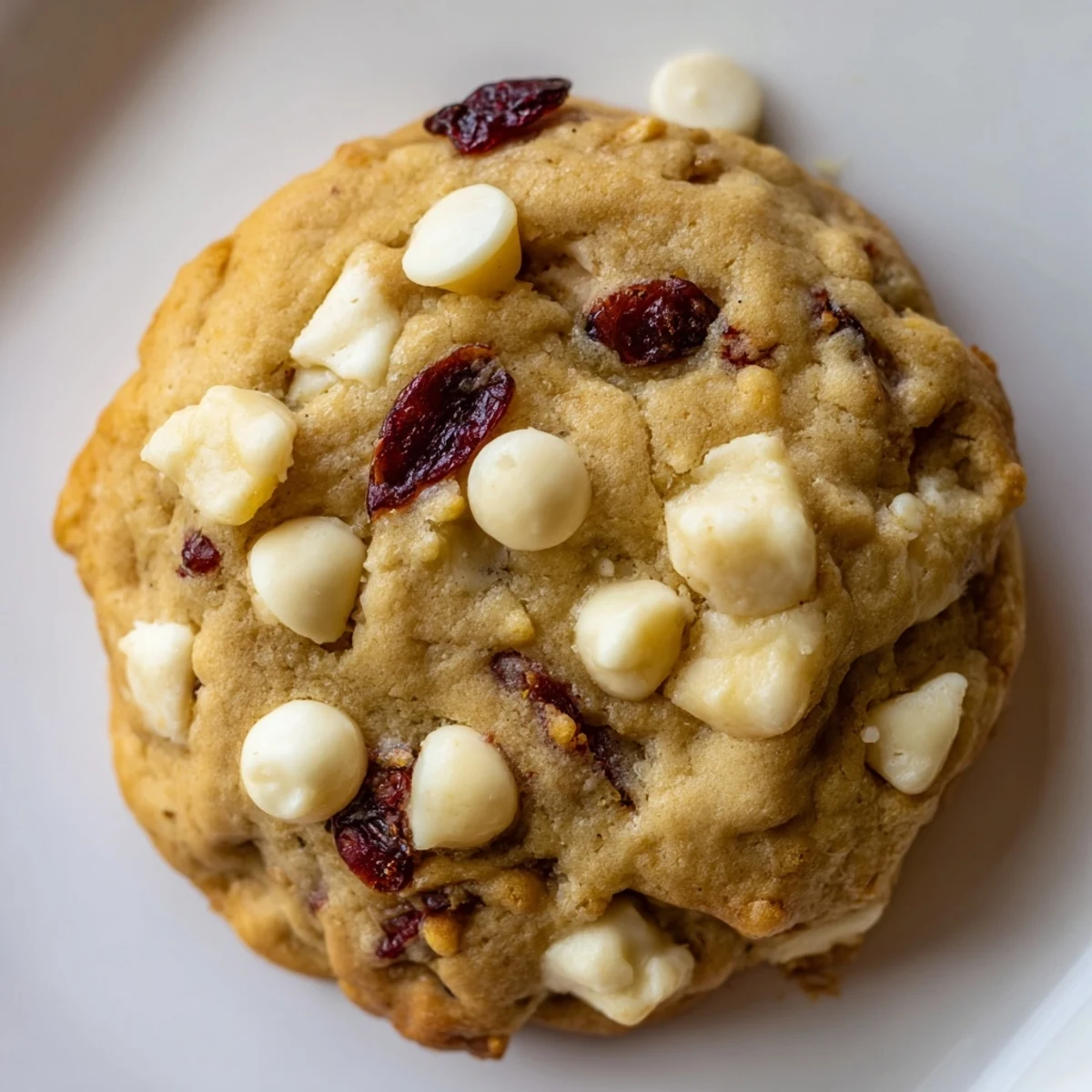 Golden-brown White Chocolate and Cranberry Cookies with melty chips and chewy, tart cranberries on a wire cooling rack.