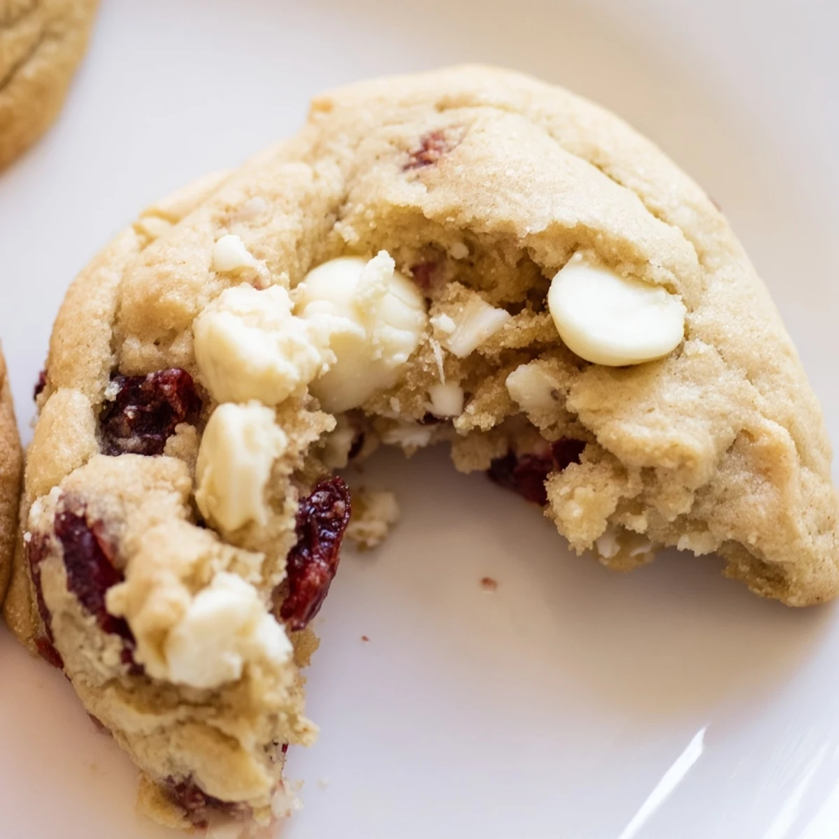 Rustic kitchen counter scene with White Chocolate and Cranberry Cookies paired with a steaming mug of coffee for a cozy snack.