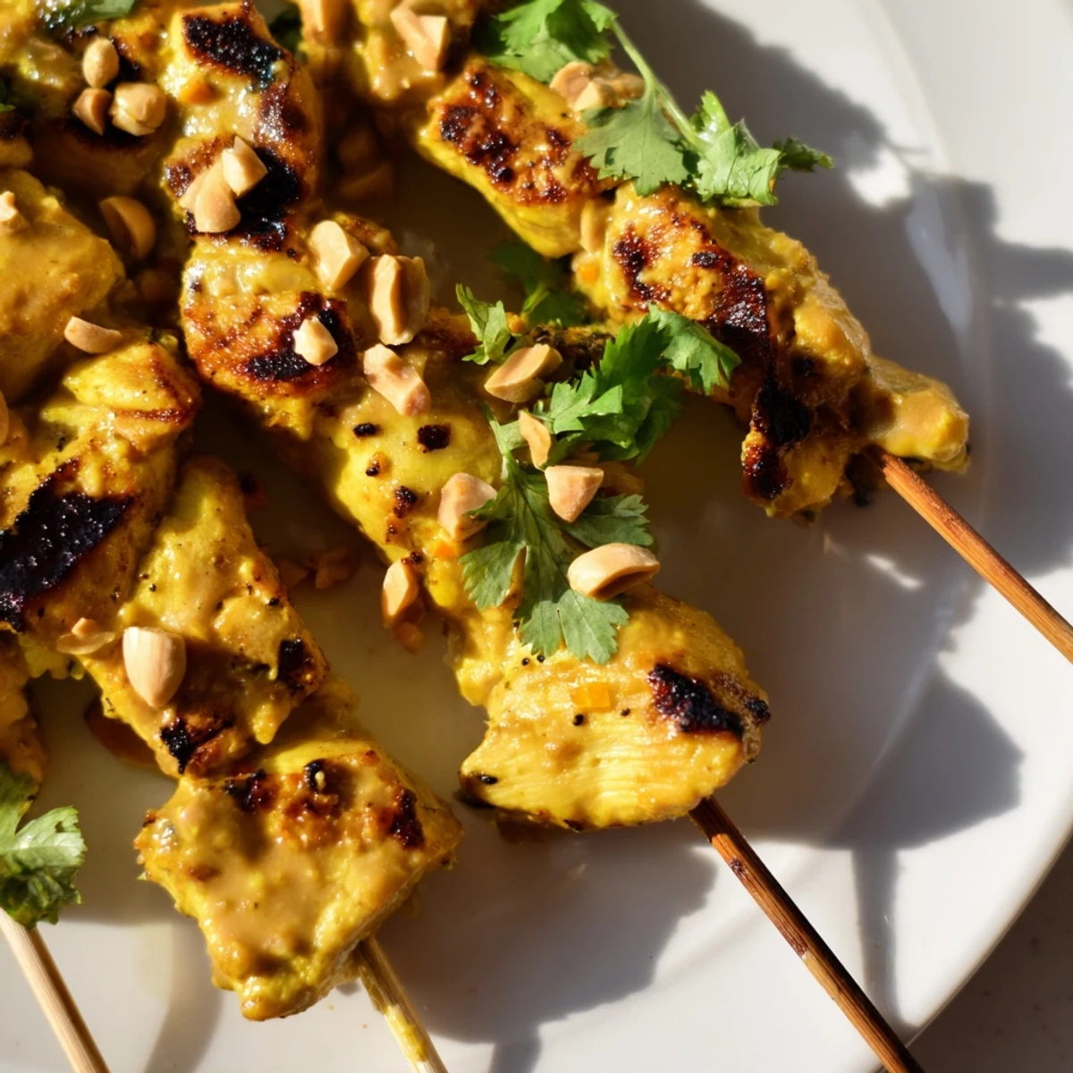 Golden-brown Grilled Chicken Skewers with Satay Sauce are served hot with creamy peanut sauce and fresh lime wedges.