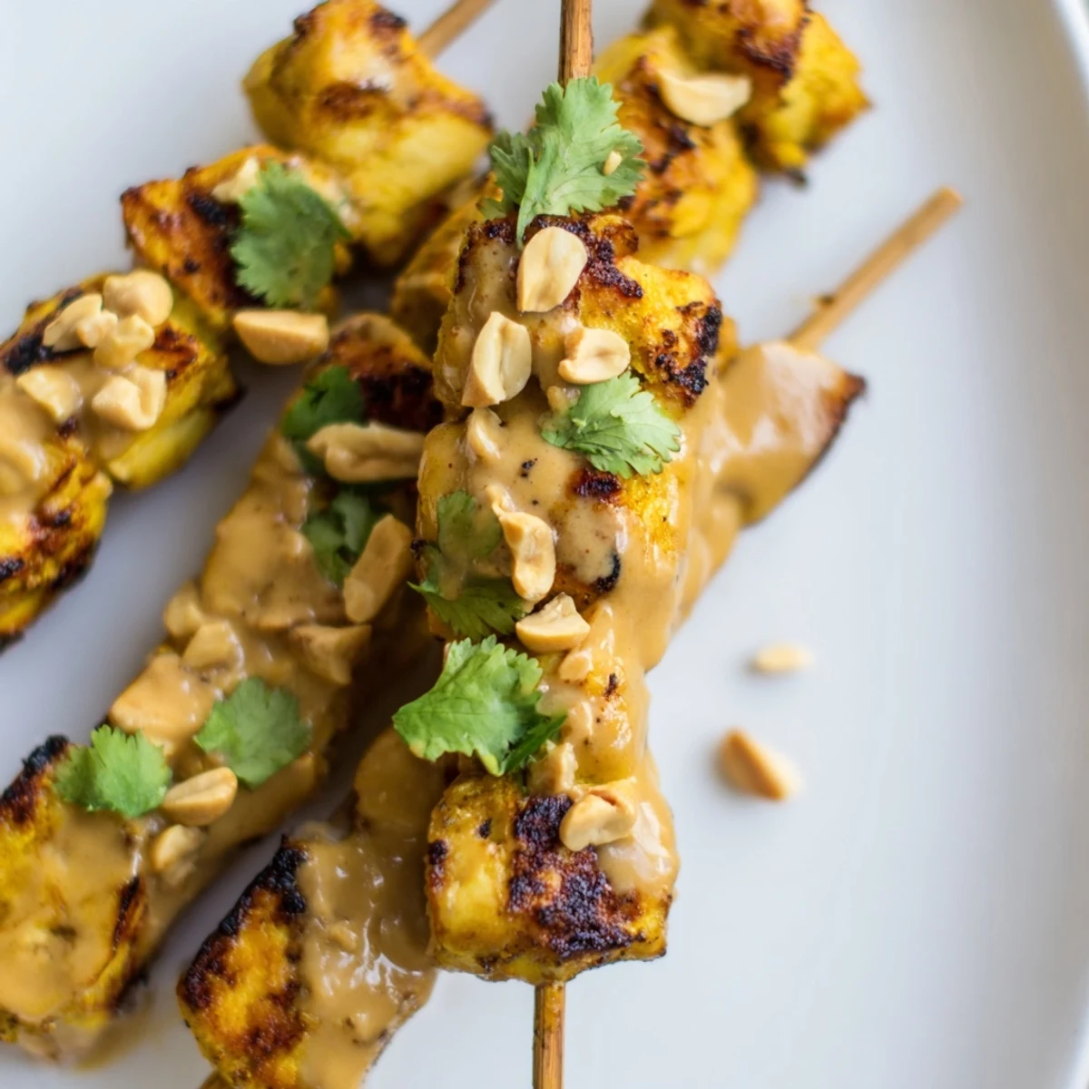 Juicy Grilled Chicken Skewers with Satay Sauce charred on the grill, drizzled with rich peanut satay sauce over rice.