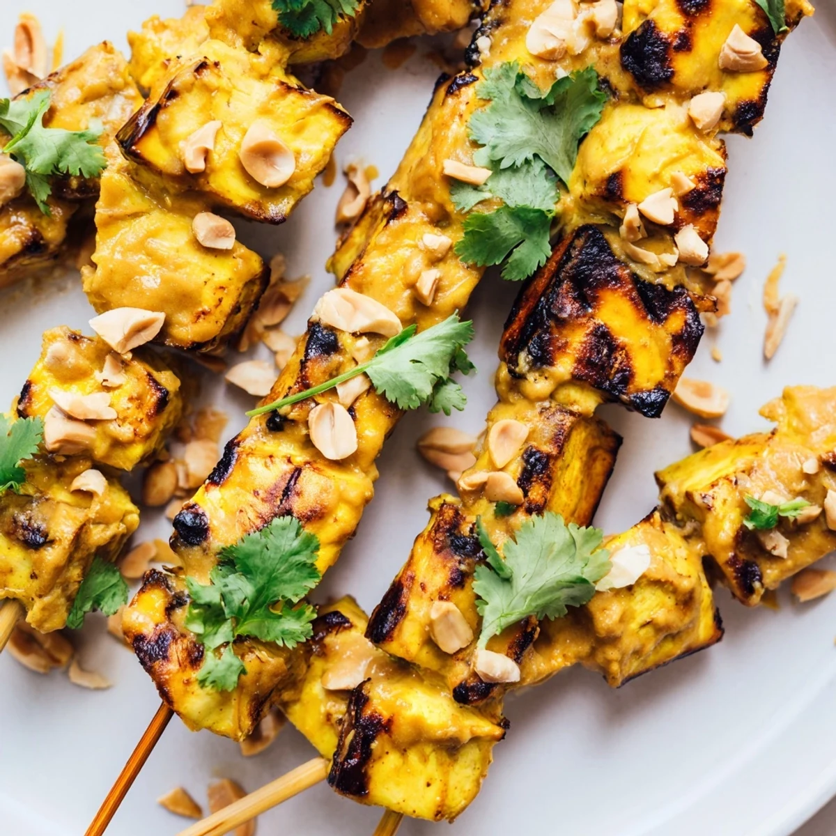 Sizzling Grilled Chicken Skewers with Satay Sauce on a platter with chopped peanuts and cilantro for a barbecue meal.