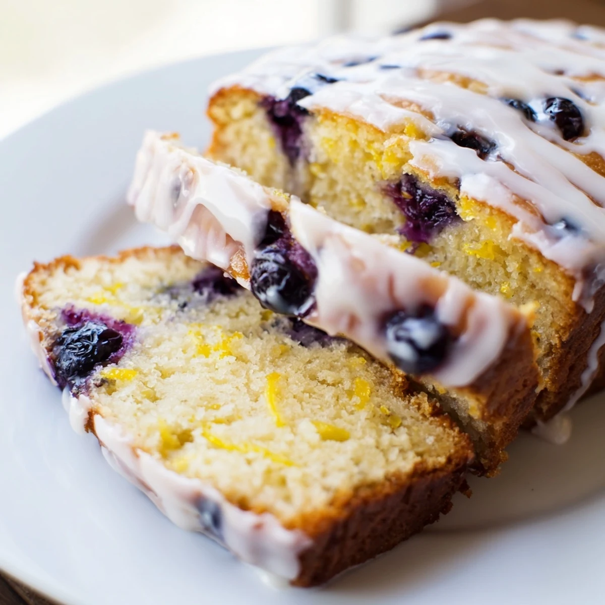 A freshly baked Lemon and Blueberry Yogurt Loaf, topped with a glistening lemon glaze, ready to slice.