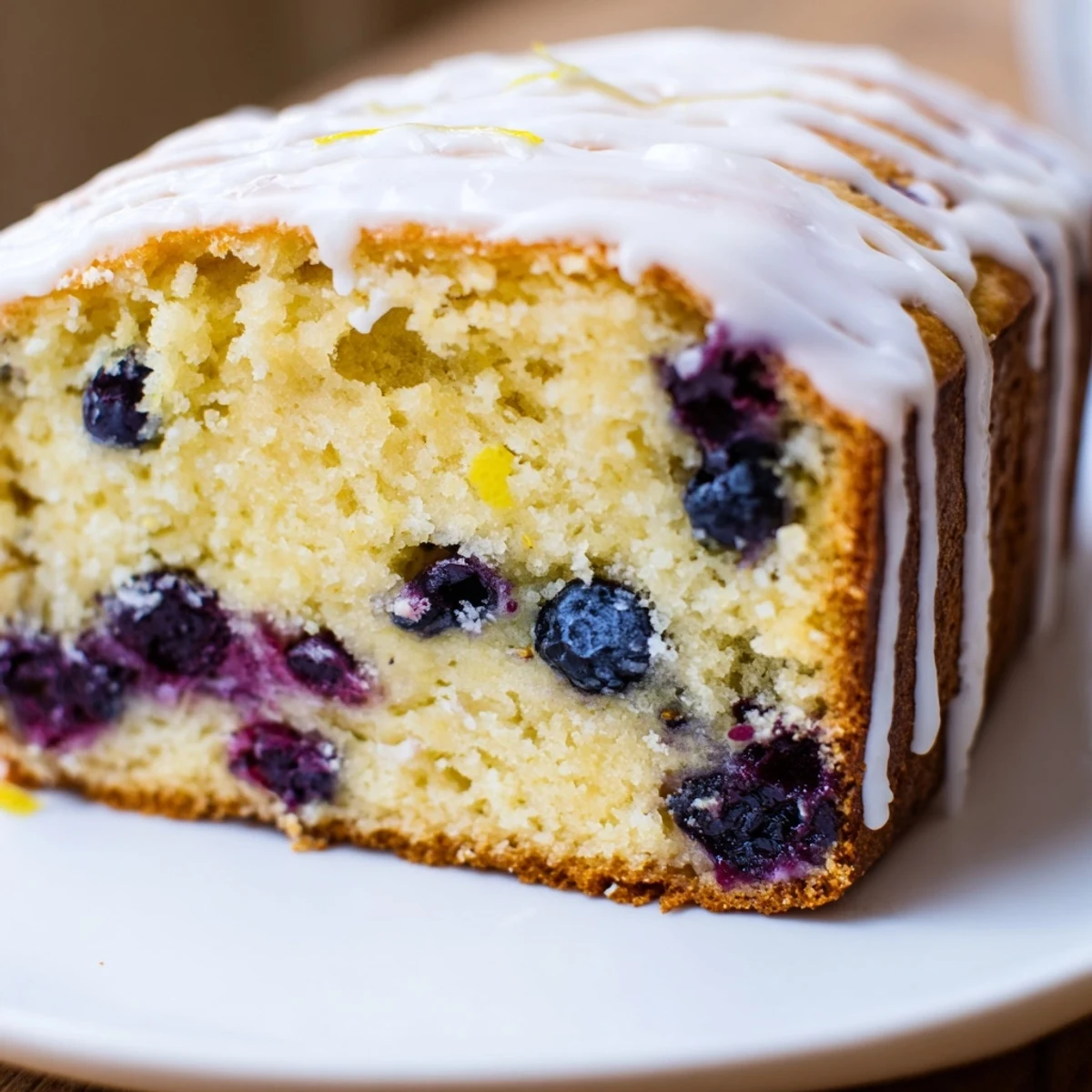 Fresh slices of Lemon and Blueberry Yogurt Loaf served on a plate, ready for breakfast or tea.