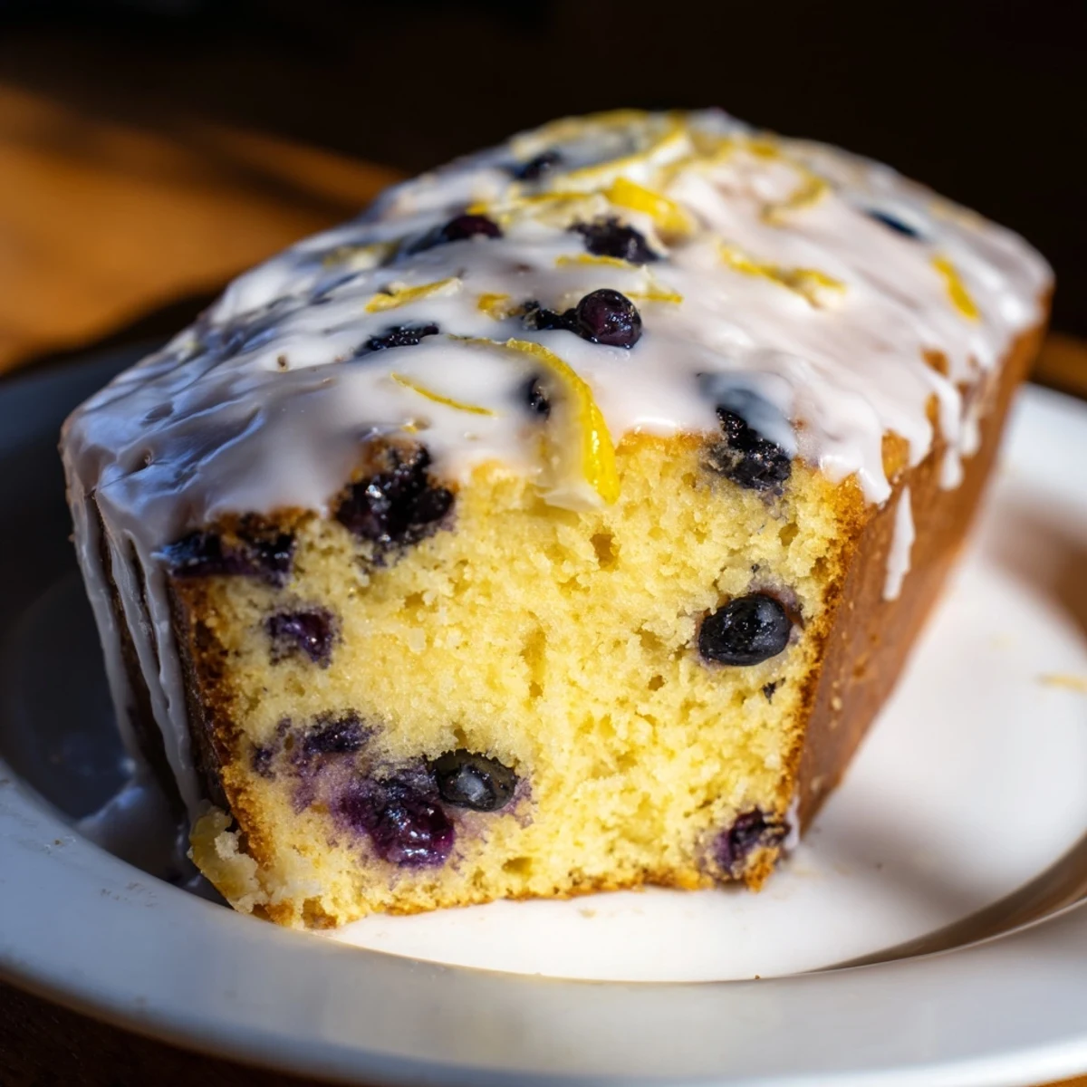 A golden Lemon and Blueberry Yogurt Loaf, sliced to show moist crumb and juicy blueberries inside.