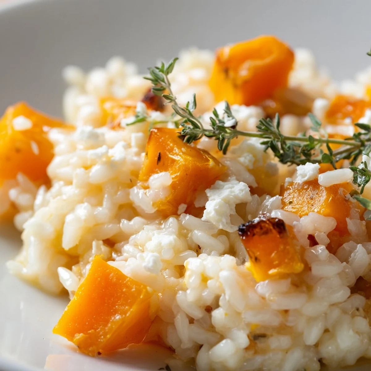 Creamy butternut squash and goat cheese risotto garnished with fresh thyme, served warm in a white bowl for an elegant vegetarian dinner.