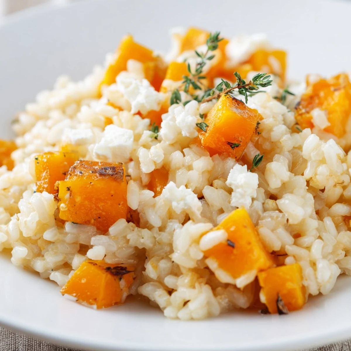 Golden roasted cubes of butternut squash and goat cheese risotto in a skillet, topped with thyme and Parmesan, ready to serve.