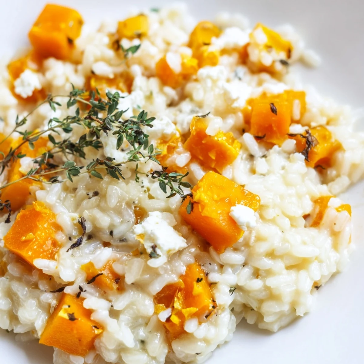 Hearty butternut squash and goat cheese risotto in a rustic bowl, featuring creamy Arborio rice and tangy goat cheese crumbles.