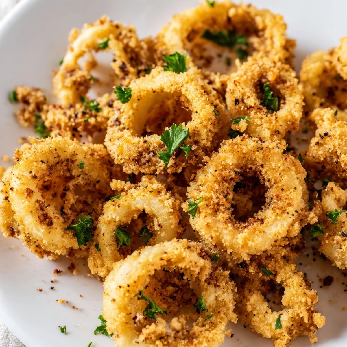 A close-up of Crispy Calamari Rings with Lemon Wedge showing a crunchy, golden-brown coating and tender squid inside.