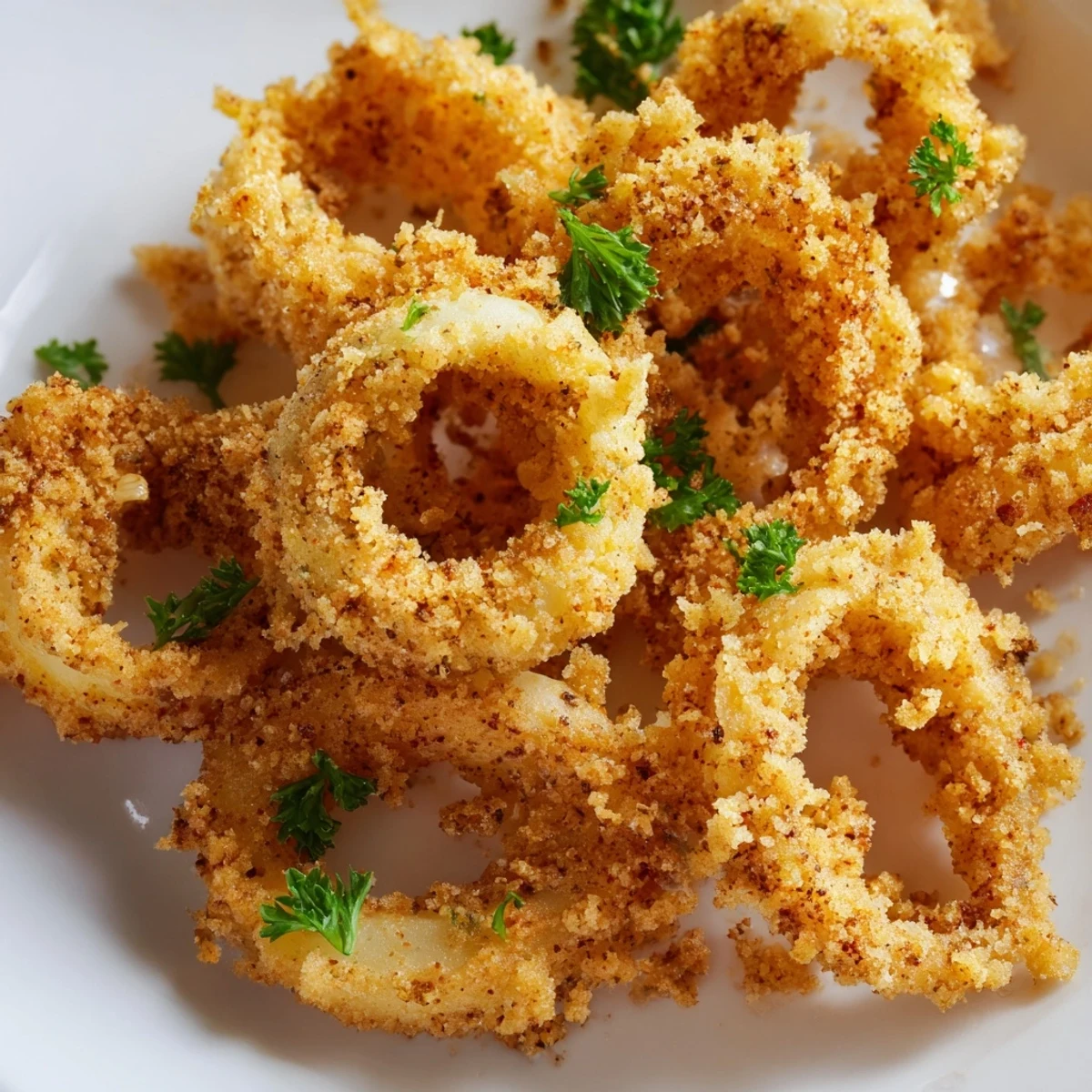 Golden-brown Crispy Calamari Rings with Lemon Wedge are piled high, garnished with fresh parsley and ready to serve.
