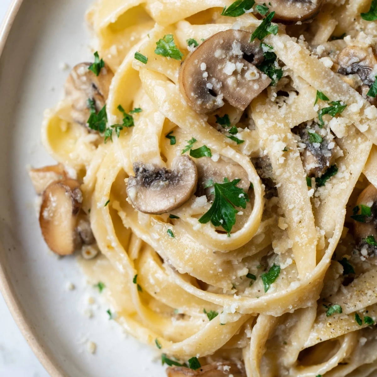 Creamy Fettuccine Alfredo with Mushrooms steaming in a rich, velvety Parmesan sauce with golden sautéed cremini mushrooms and fresh parsley garnish.