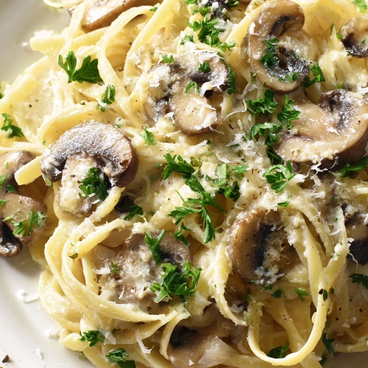 Close-up of Creamy Fettuccine Alfredo with Mushrooms in a skillet, highlighting savory mushrooms and melted Parmesan, ready to serve for dinner.