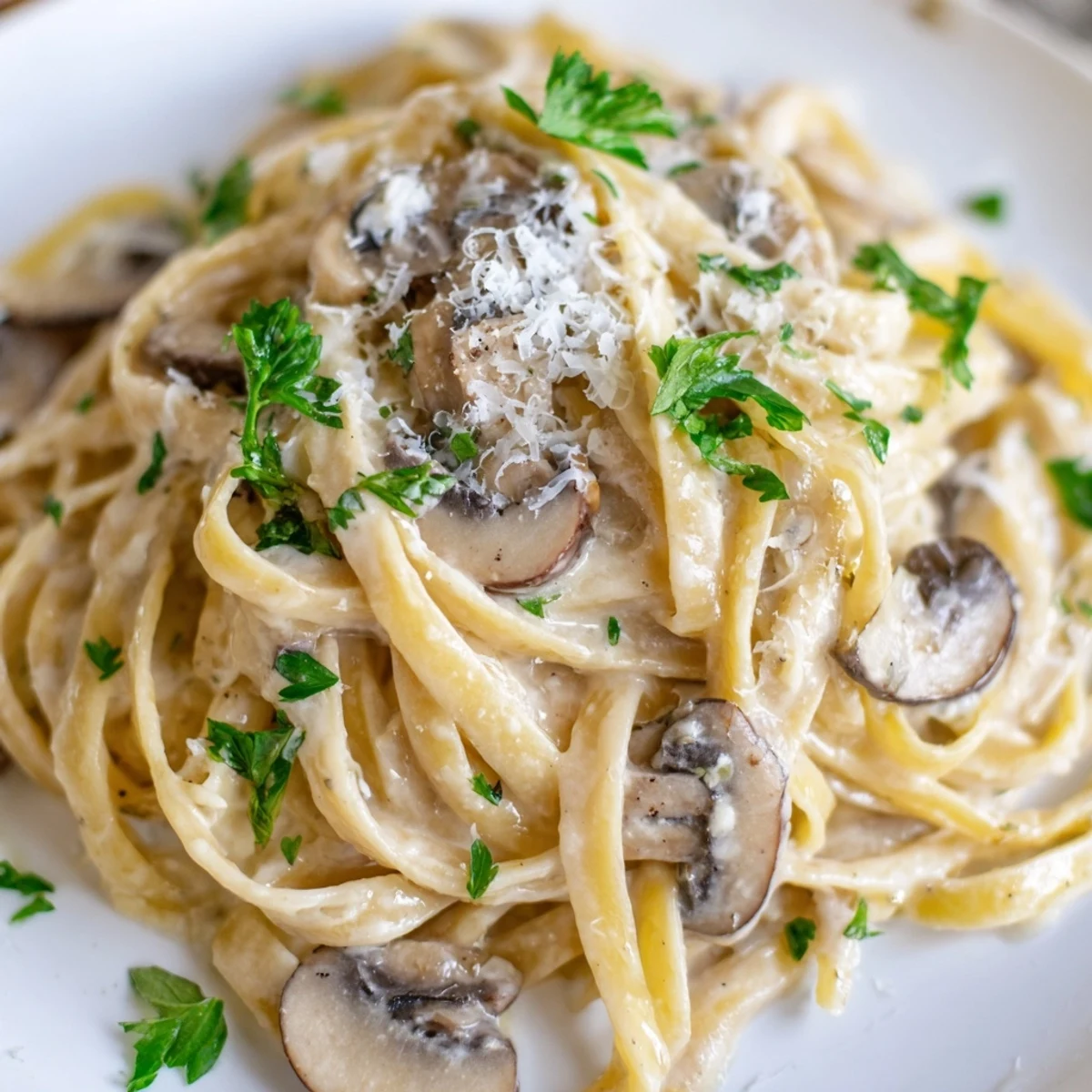 A plated serving of Creamy Fettuccine Alfredo with Mushrooms twirled on a fork, showcasing silky noodles coated in garlic cream sauce.