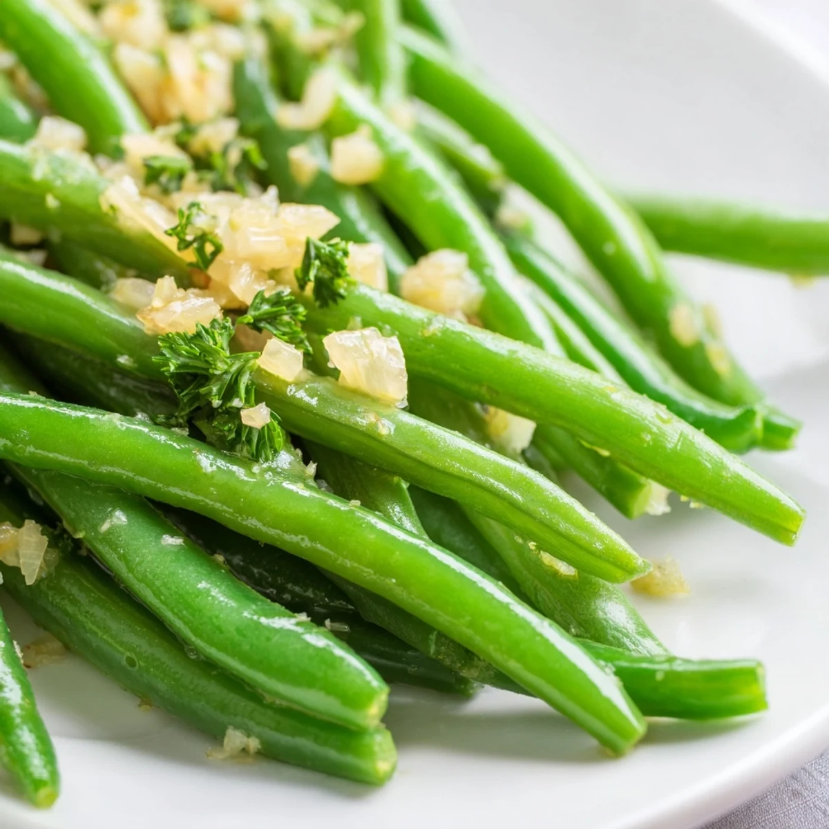 Bright green beans tossed in garlic butter with caramelized shallots, served alongside a main dish.