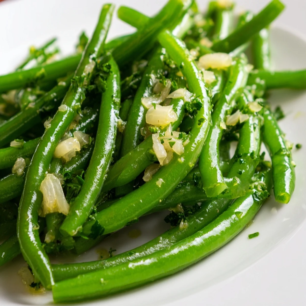 Sautéed Garlic Butter Green Beans with Shallots in a white dish, garnished with fresh parsley.