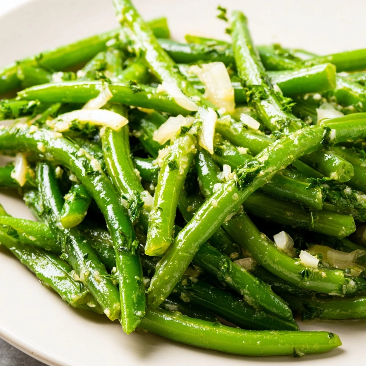 Tender Garlic Butter Green Beans with Shallots in a skillet, garnished with parsley and lemon.