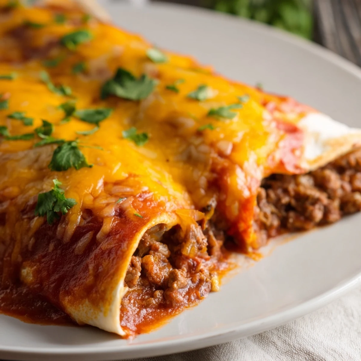 Golden, bubbly Beef Enchiladas with Homemade Sauce are garnished with fresh cilantro and served on a plate with sour cream. 