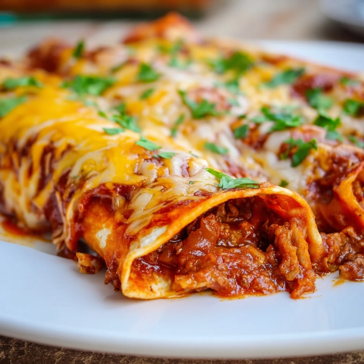 Close-up of a fork holding a cheesy bite of Beef Enchiladas with Homemade Sauce, highlighting the tender beef and soft tortillas.