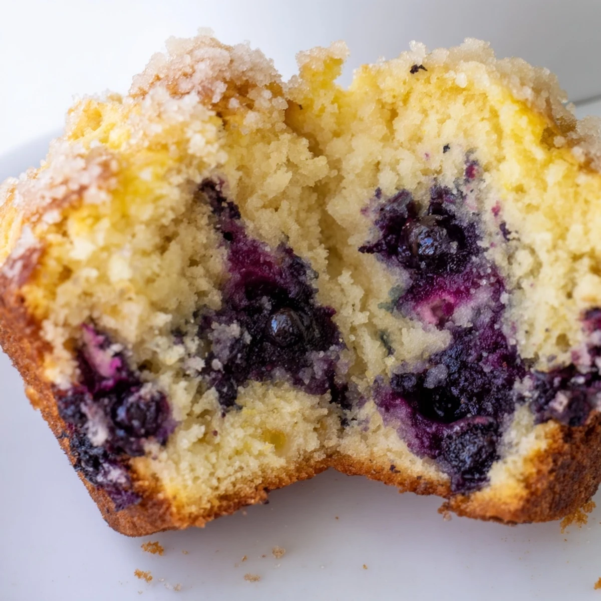 Golden-brown Lemon Blueberry Muffins with crackling lemon sugar topping sit on a wooden board, ready for breakfast.