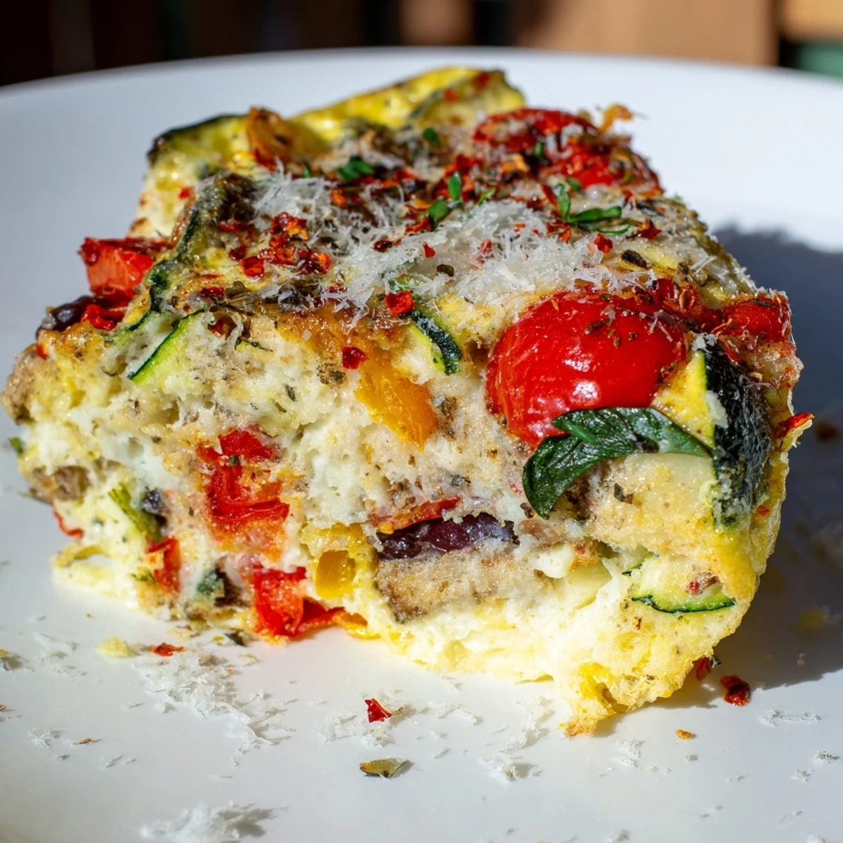 Slices of Mediterranean Roasted Vegetable Frittata with Eggs are plated with fresh basil and a light side salad for a wholesome vegetarian meal.