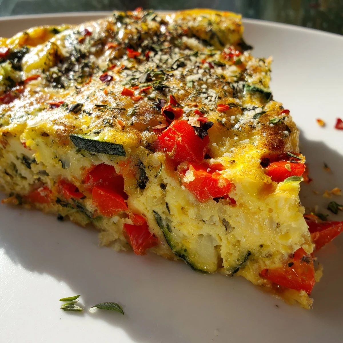 A freshly baked Roasted Vegetable Frittata with Eggs sits in a cast iron skillet, showcasing golden, fluffy eggs and tender caramelized vegetables.