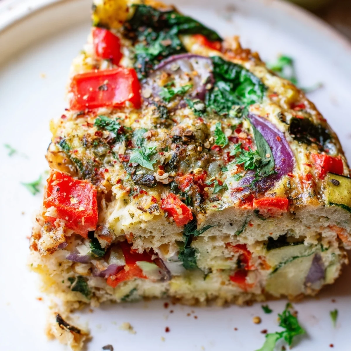 Close-up of Roasted Vegetable Frittata with Eggs revealing juicy cherry tomatoes and vibrant bell peppers nestled in a savory, fluffy egg base.