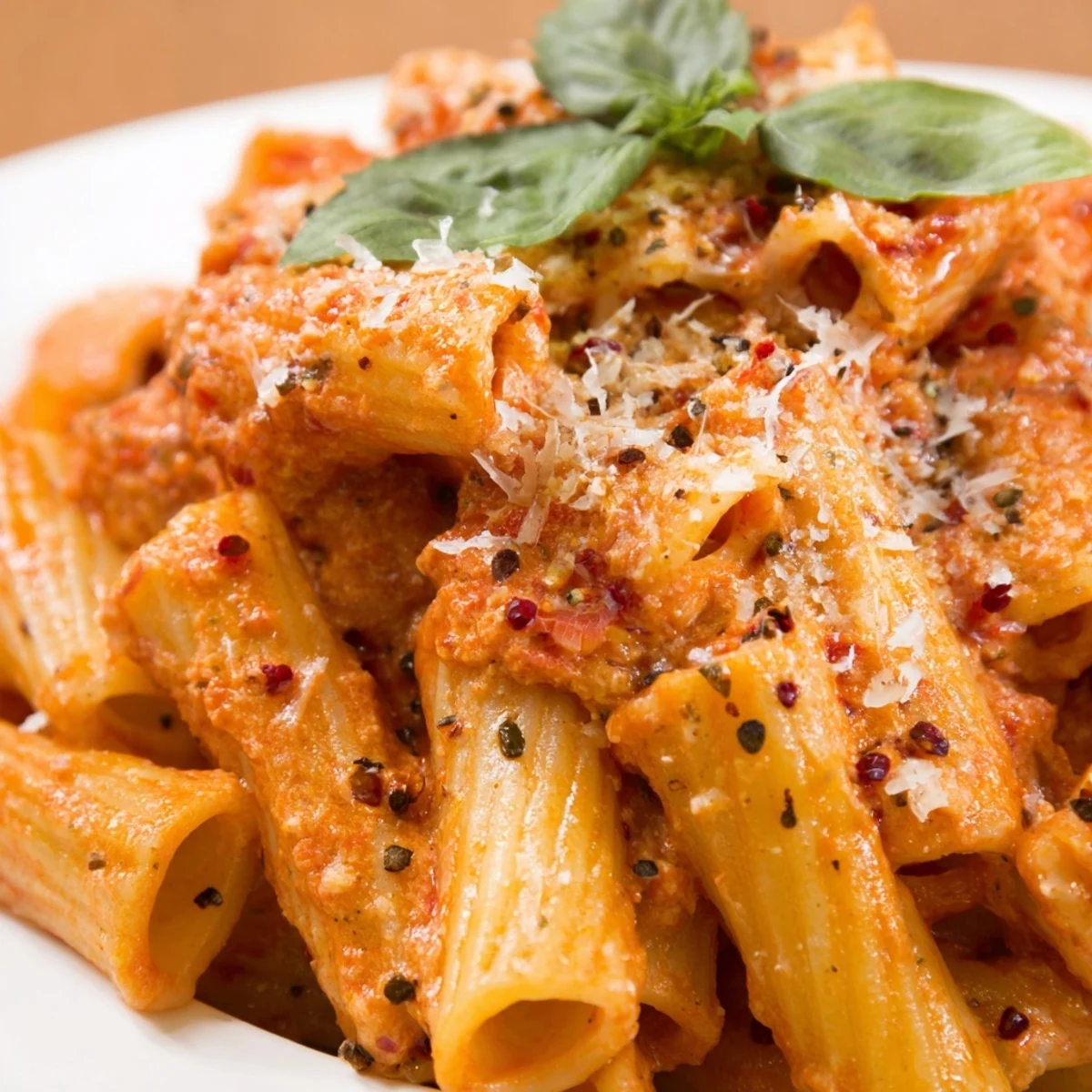 A steaming bowl of creamy tomato pasta with penne, garnished with fresh basil and Parmesan cheese.  