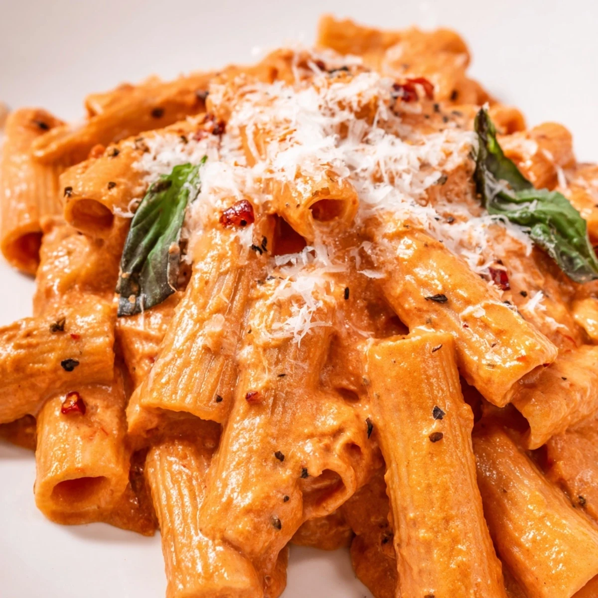 Hearty penne pasta tossed in a velvety tomato cream sauce with fresh basil garnish.