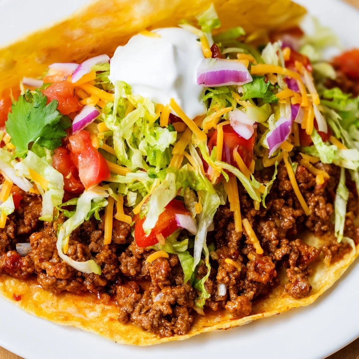 Juicy Spicy Beef Tacos with Cheese are garnished with sour cream and cilantro.